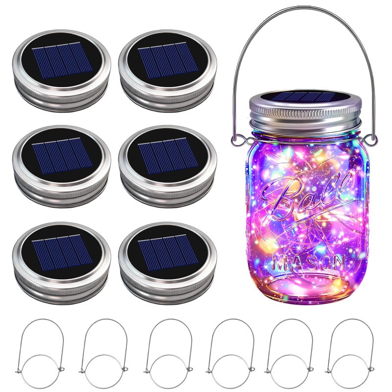VOOKRY 6 Pack Solar Mason Jar Lights, 30 LED Mason Jar Lids Waterproof Firefly Fairy String Lights with 6 Hangers(No Jars), for Outdoor Patio Garden Yard Lawn Party Wedding Decoration - Multicolor - Image 1